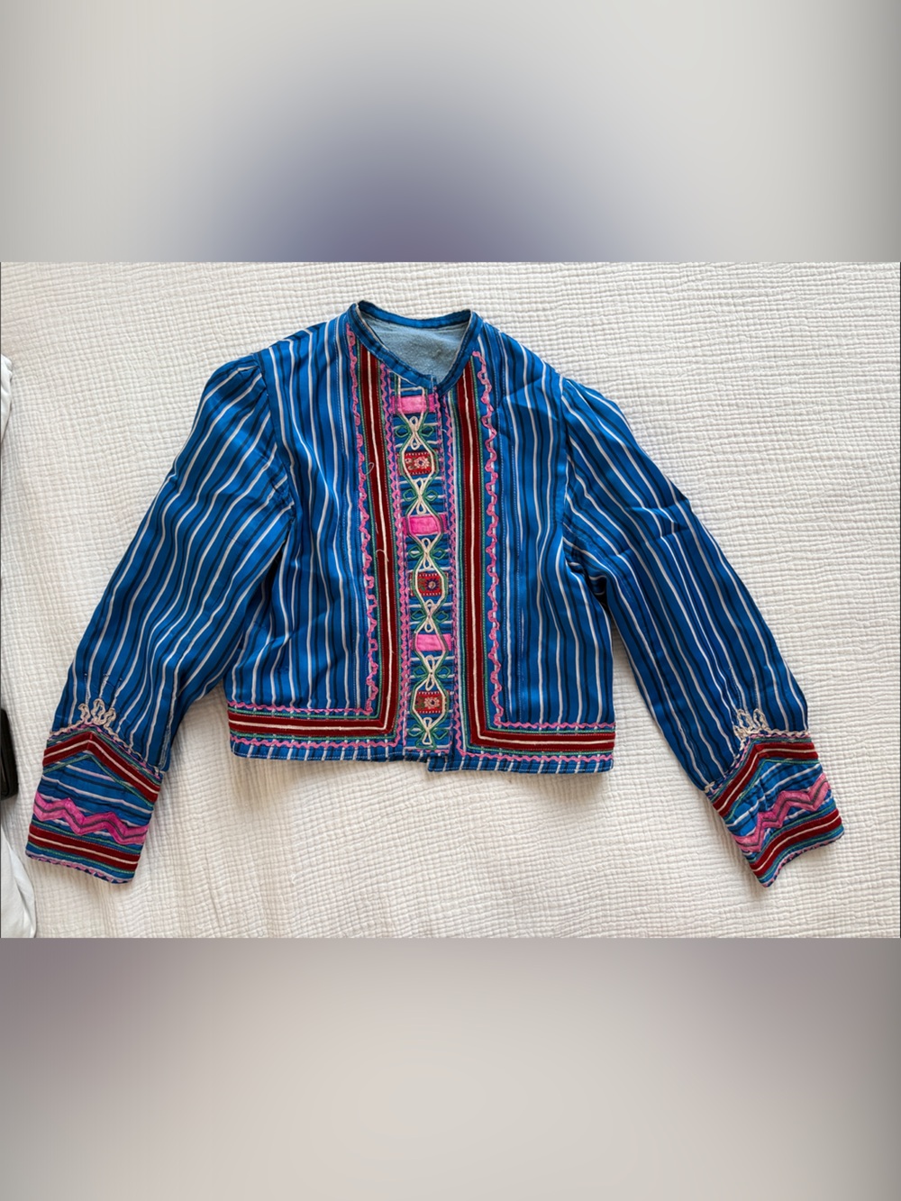 Vintage Blue Striped Embroidered Jacket with Pink & Red Accents